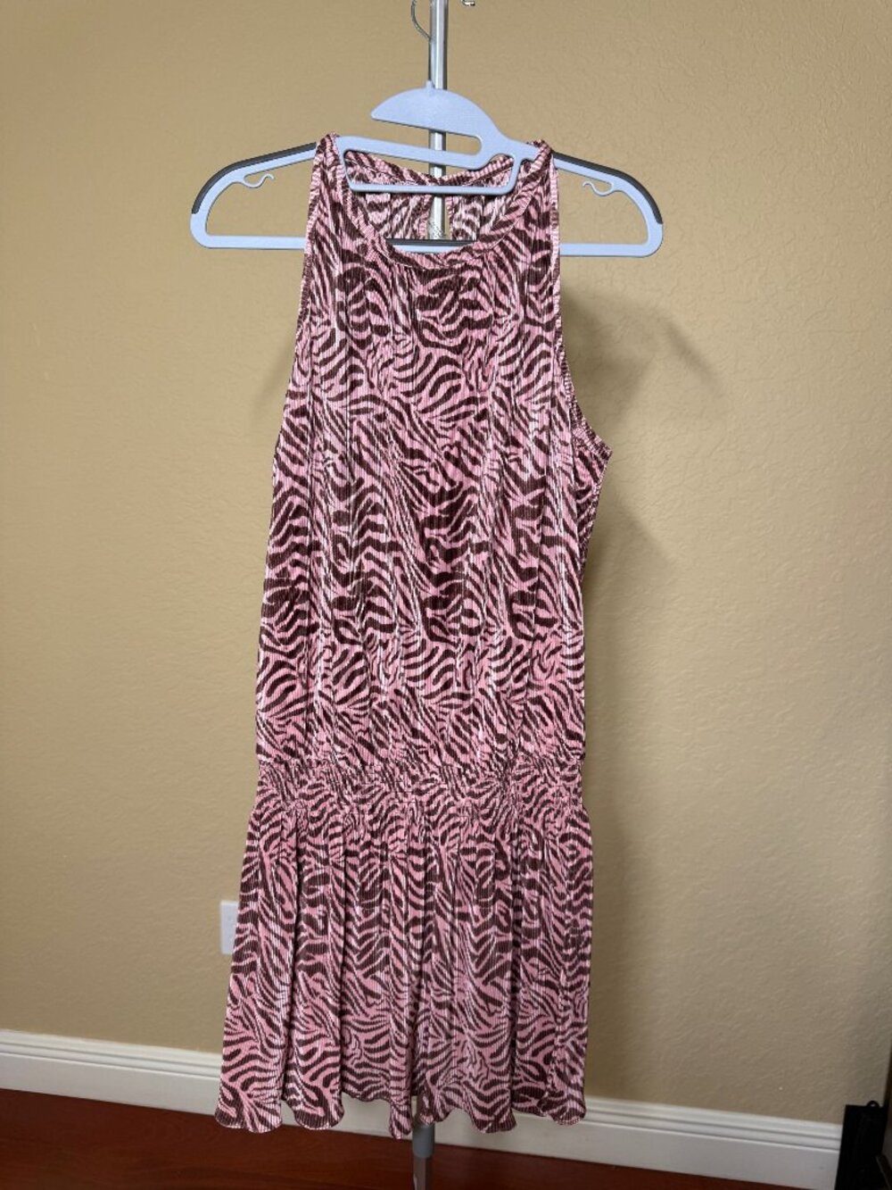 Ramy Brook Paris Zebra Plisse Knit Sleeveless Drop Waist Dress NWT Size M